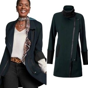 Cabi Renaissance Large Coat Jacket Deep Forest Green Black Asymmetrical Zip